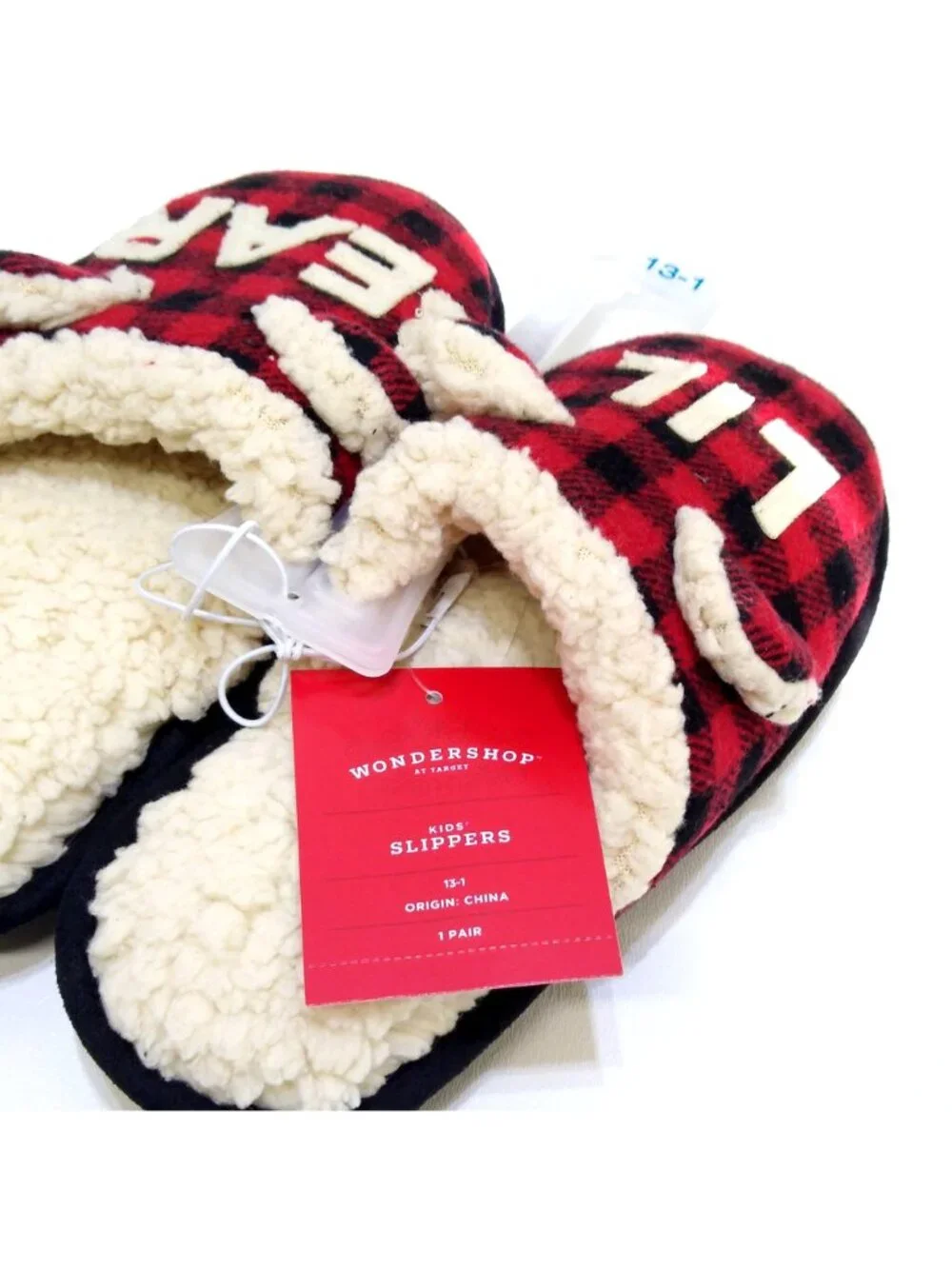 Wondershop Kids Lil Bear Slippers Size 13-1 Red & Black Plaid Faux Fur Lining